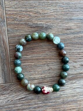 Green Indian Agate/Fancy Jasper Beads Stretch Bracelet with Tiny Buddha